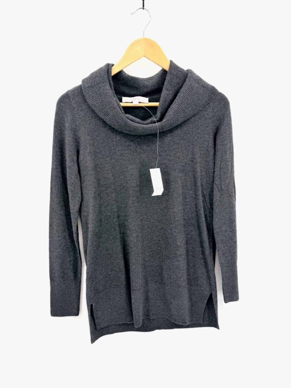 LOFT Womens Cowl Neck Tunic Sweater Gray Knit Pullover Long Sleeve XS NWT